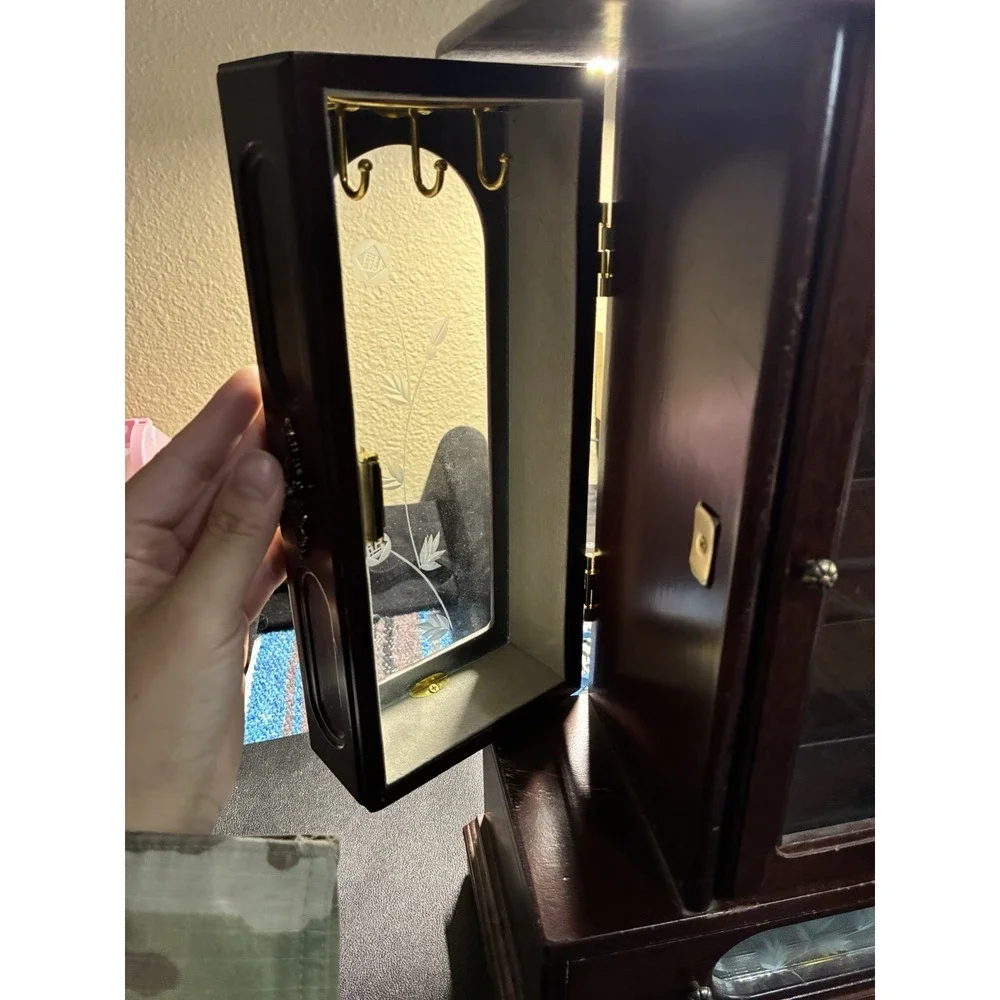 Vintage Wooden Jewelry Armoire Cabinet with‎ Etched Glass